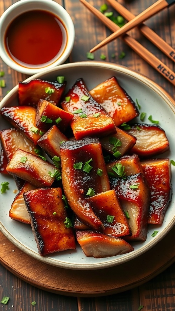 Crispy air fryer pork belly slices served with herbs and dipping sauce on a wooden table.